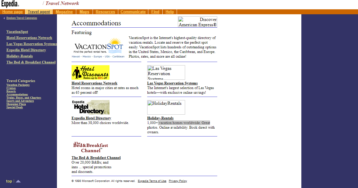 Antigo site da Expedia em 1999