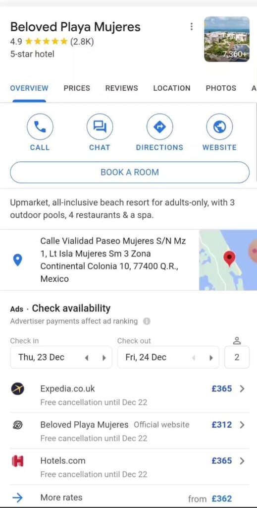Hotel Search on Google