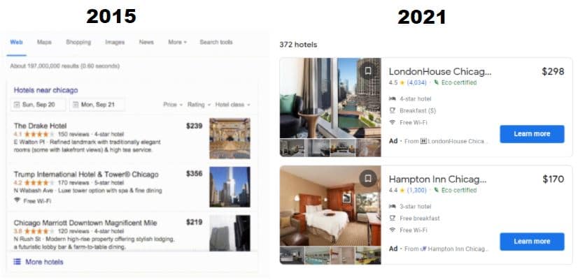 Google Hotel Search - comparison between the first version and the second one