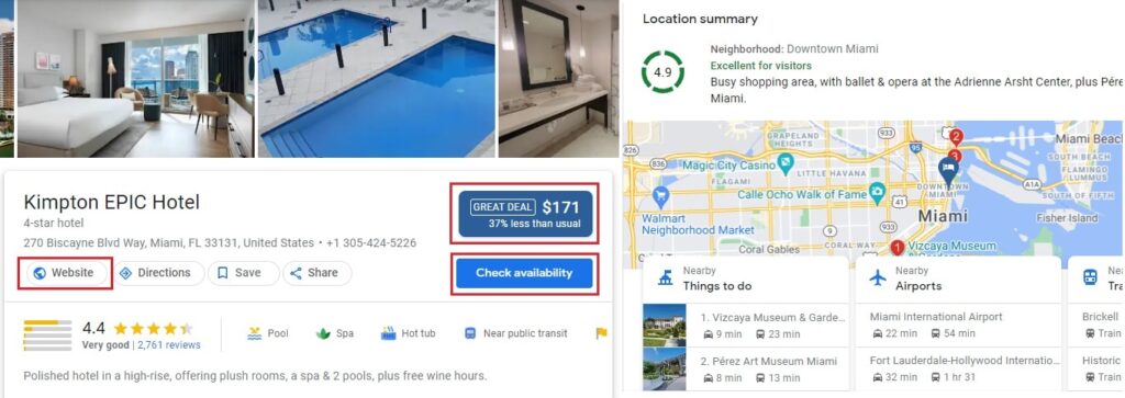 Google Hotel Search Call to action on the page