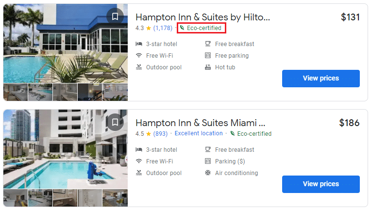 Google Hotel Search sustainability filter 