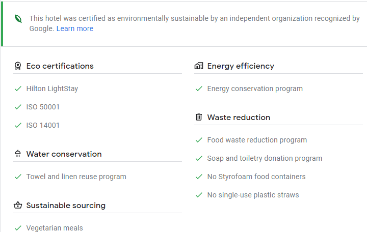 google hotel search sustainability certificate