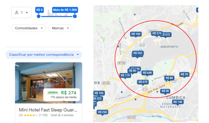 Resulto do Google Hotel Search no Maps de hotéis próximos
