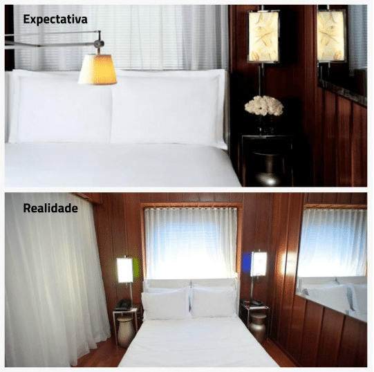 Expectativa vs realidade de um quarto de hotel