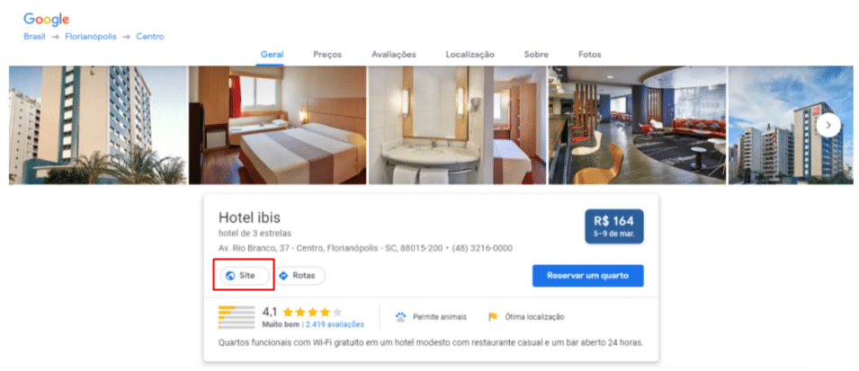 Botão de reservas em destaque no Google Hotel Search
