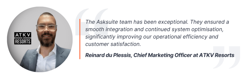ATKV Resorts' CMO testimonial highlighting Asksuite's importance to their success case