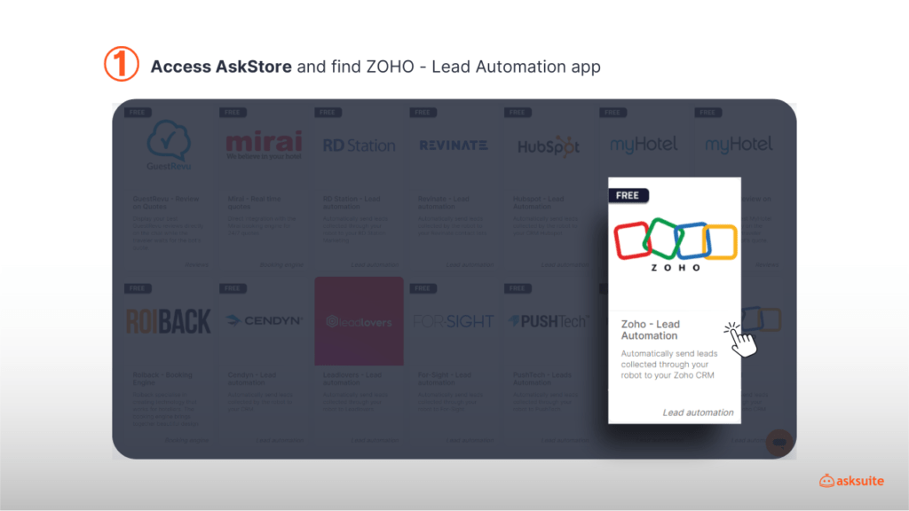 AskStore screenshot indicating how to find the ZOHO integration app in AskStore