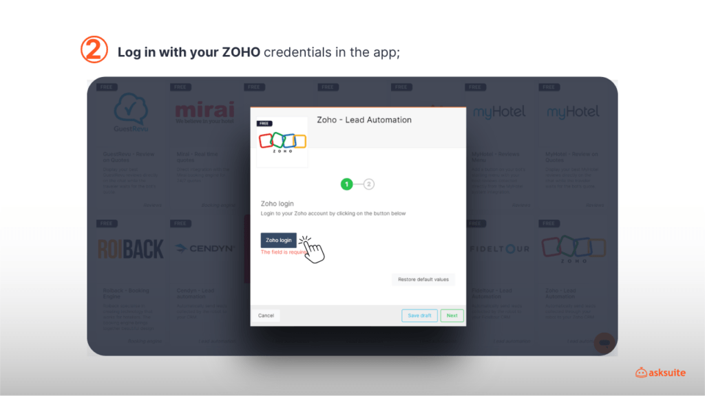 AskStore screenshot indicating how to log in with ZOHO's credentials