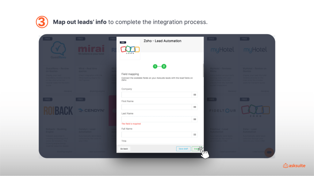 AskStore screenshot indicating how to Map out leads’ info to complete the integration process.