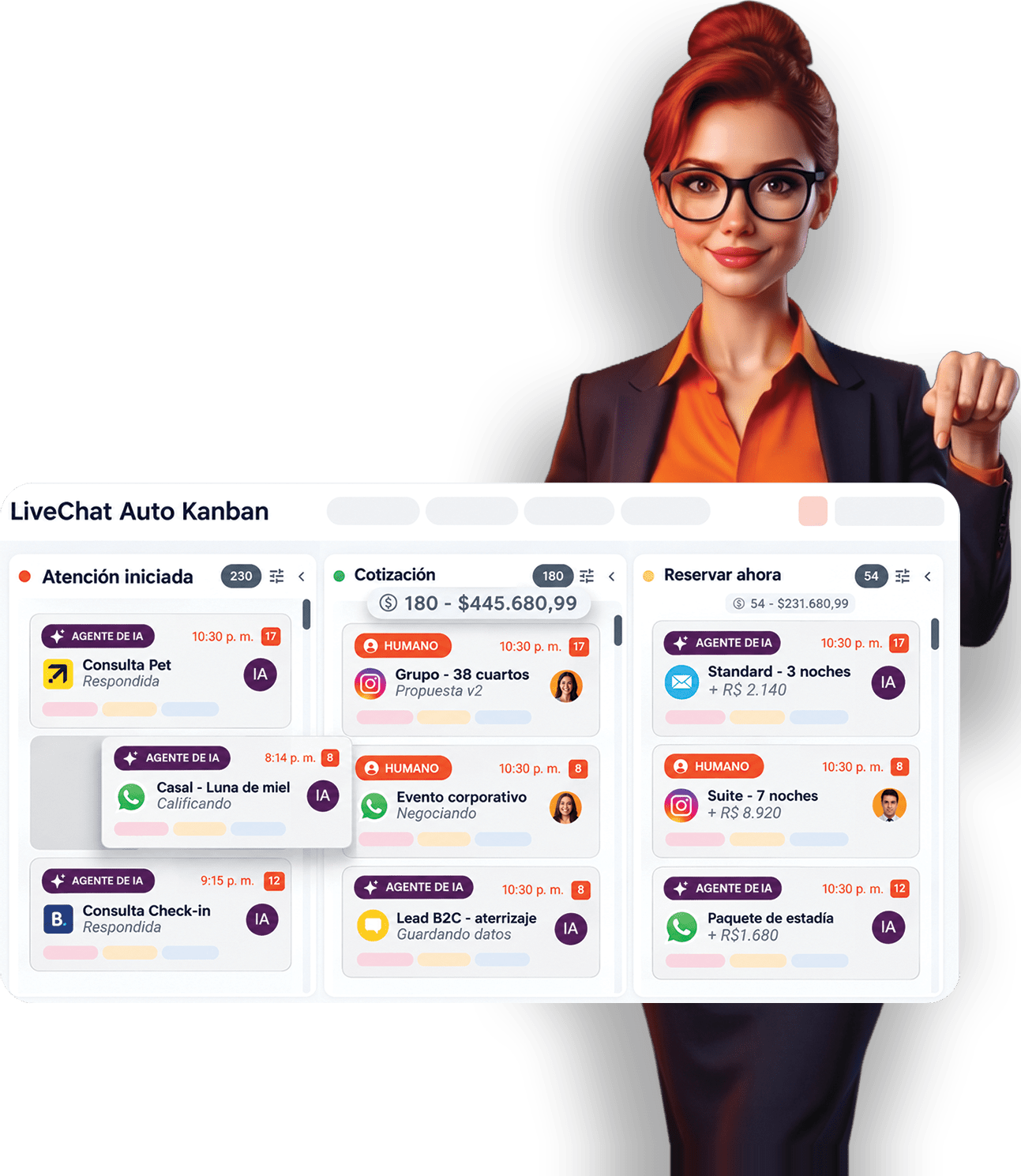 Sophia, la IA de Asksuite, con el Kanban de reservas