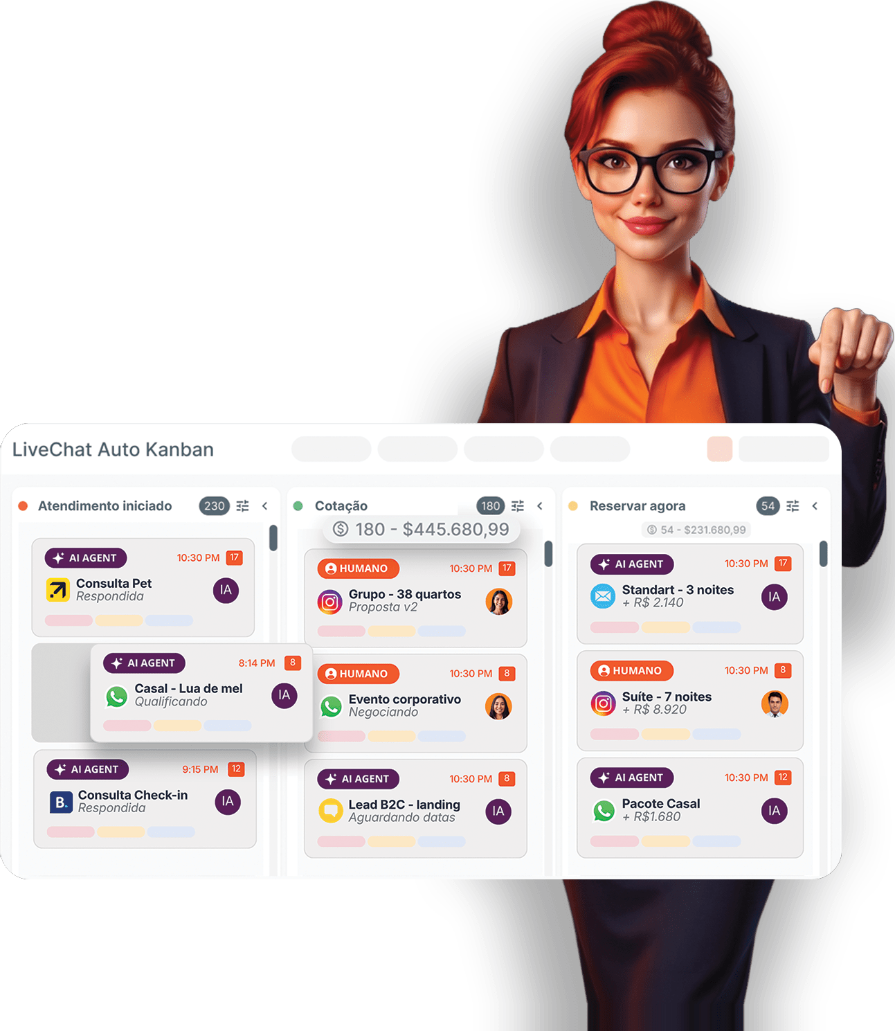 Sophia, a IA da Asksuite, com o Kanban de reservas